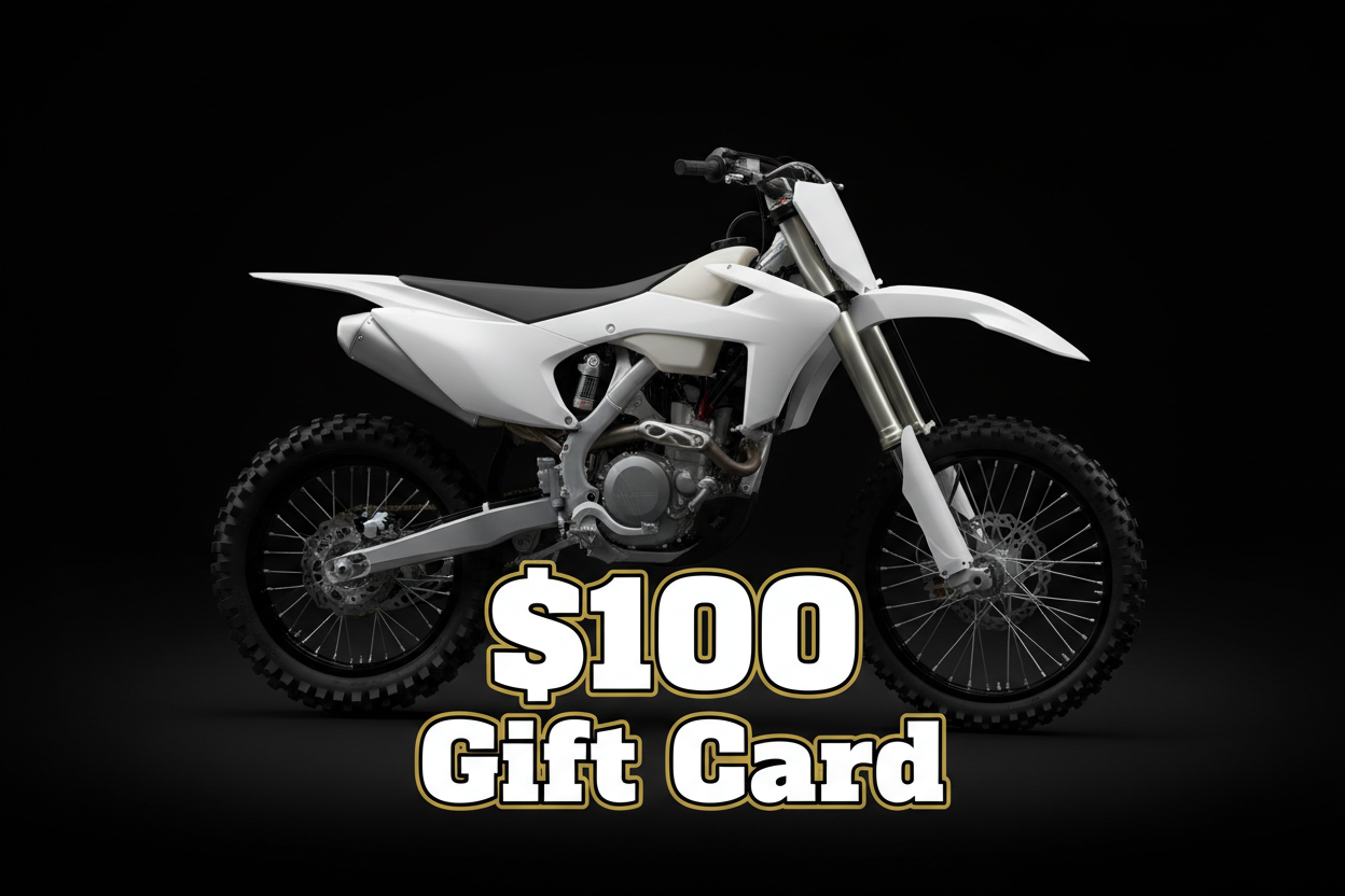 generate a dirt bike in a studio background that is black. The graphics should be blank. Add $100 and the words Gift Card