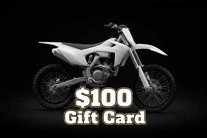 generate a dirt bike in a studio background that is black. The graphics should be blank. Add $100 and the words Gift Card